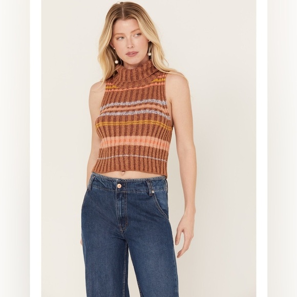 Free People Edith Striped Brown Sleeveless Sweater Vest - Picture 3 of 11